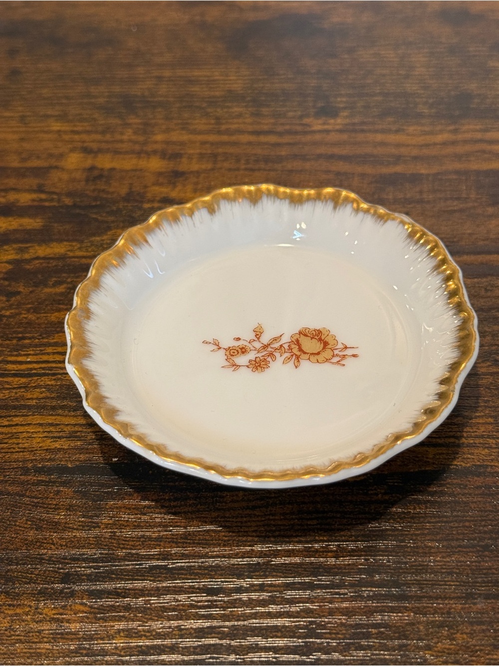 Vintage Japan Porcelain Trinket Dish 4” Gold Trim Floral Scalloped Edge